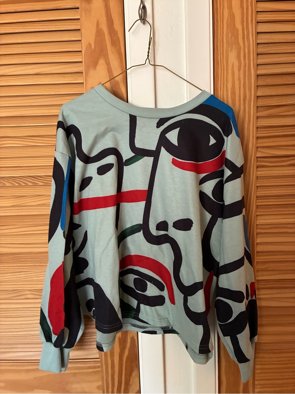 Abstract Face Print Long Sleeve Top - Light Sage Multi size 1x